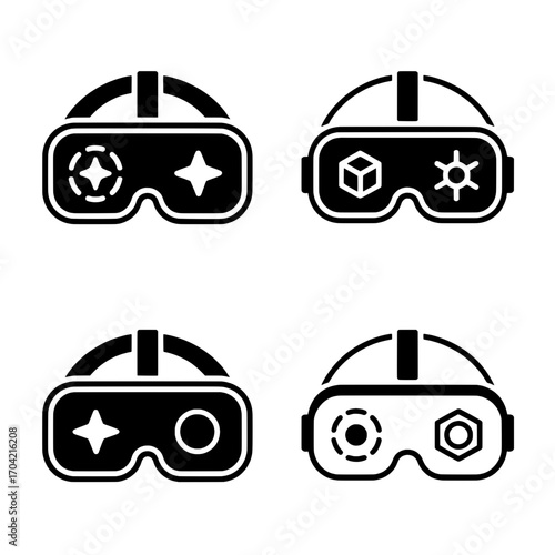 Four VR Headset Icons: Variations in Solid Black with Unique Function Symbols