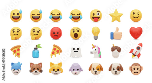Collection of diverse emojis and icons including faces animals and objects