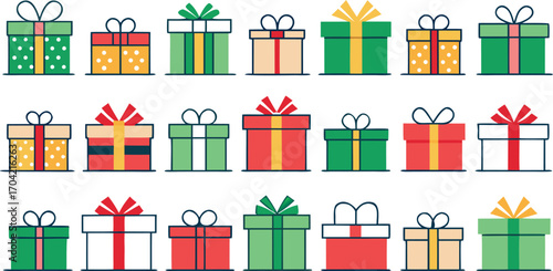 Colorful gift boxes set for christmas. Vector illustration present boxes on transparent background. Flat design style.
