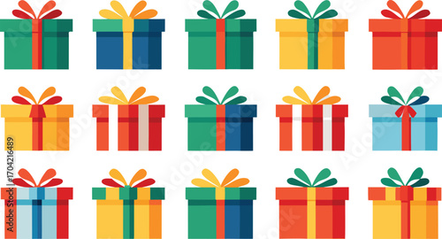 Colorful gift boxes set for christmas. Vector illustration present boxes on transparent background. Flat design style.