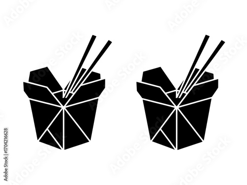 Two Identical Black and White Icons: Chinese Takeout Container with Chopsticks