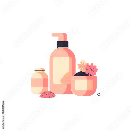 Serene collection of skincare products and floral accents for a spa experience.