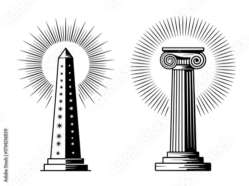 Two Monochromatic Architectural Icons: Obelisk and Ionic Column with Sunburst Backlighting