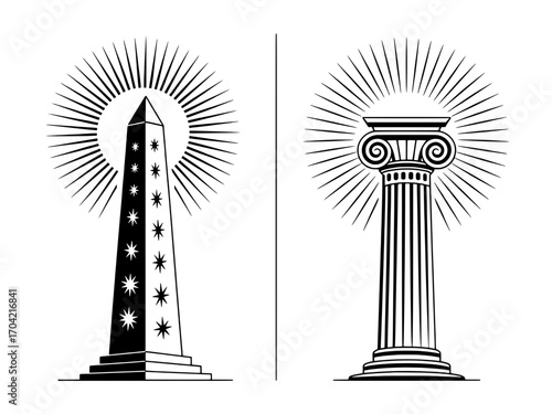 Two Monochromatic Architectural Icons: Obelisk and Ionic Column with Sunburst