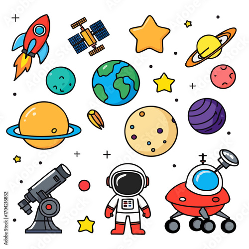 Whimsical cartoon collection of space icons: rocket, planets, astronaut, telescope, UFO, stars