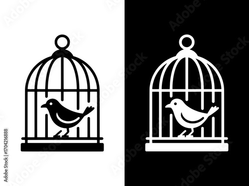 Two Birdcage Icons: Black Bird in White Cage on White Background, White Bird in Black Cage on Black Background