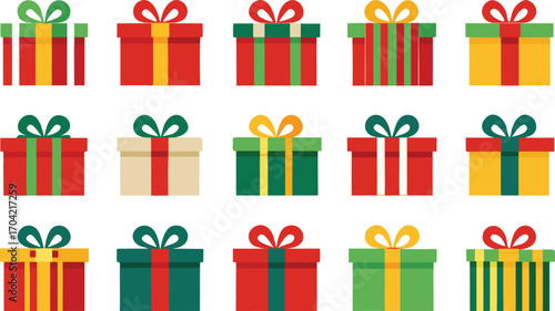 Colorful gift boxes set for christmas. Vector illustration present boxes on transparent background. Flat design style.