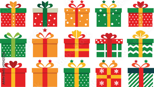 Colorful gift boxes set for christmas. Vector illustration present boxes on transparent background. Flat design style.