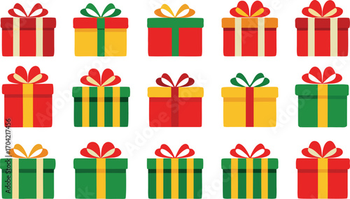 Colorful gift boxes set for christmas. Vector illustration present boxes on transparent background. Flat design style.