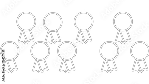 A simple illustration of eight outline badges with circular tops and ribbon bottoms arranged on white