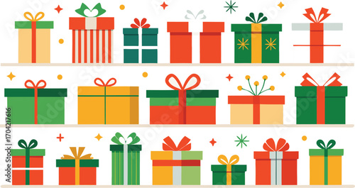 Colorful gift boxes set for christmas. Vector illustration present boxes on transparent background. Flat design style.