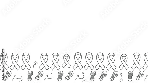 A border of gray awareness ribbons and footprints on a white background forming a decorative pattern