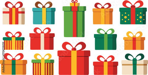 Colorful gift boxes set for christmas. Vector illustration present boxes on transparent background. Flat design style.