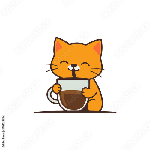 Adorable Cartoon Cat Holding a Coffee Mug Vector Design Perfect for Cafe Branding, Beverage Artwork, and Funny Animal Character Style