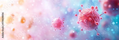 Detailed close-up of vibrant red virus particles in a colorful background