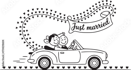 Newlyweds Joyride: An adorable newlywed couple embarking on their shared journey of marriage, cruising in a classic convertible decorated with hearts.