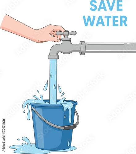 Save water concept with overflowing bucket, running faucet, water waste awareness, environmental conservation message, flat design, vector art, CAD drawing illustration