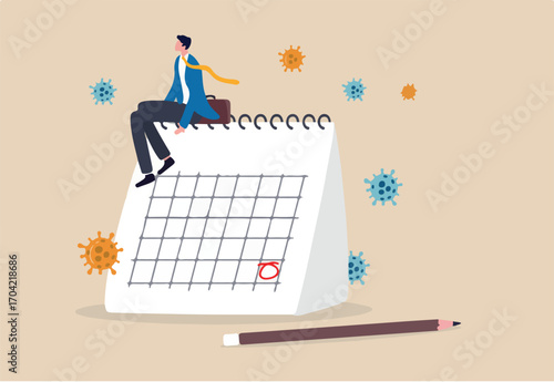 Coronavirus COVID-19 quarantine schedule calendar, plan for reopen business after COVID-19 lockdown concept, businessman business owner sitting on desktop calendar thinking about plan after lockdown.