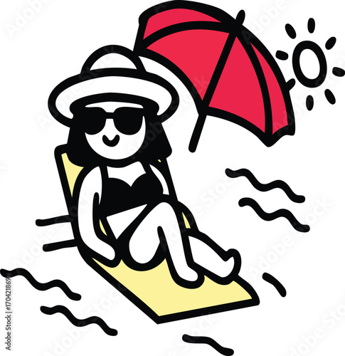 Hand-drawn vector illustration depicting a carefree woman relaxing on a beach chair, embodying the concept of a serene summer holiday getaway