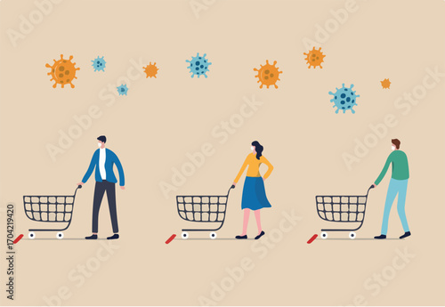 Social distance people keep distance away in public to protect COVID-19 Coronavirus flu outbreak, people with shopping cart trolley wait in line or queue keep away distance with COVID-19 pathogen.