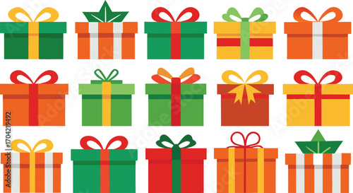 Christmas gifts set, New Year presents, gift boxes with ribbons, vector illustration on transparent background