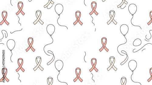 Seamless pattern featuring pink breast cancer awareness ribbons and balloons on a white background design