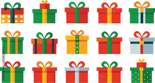Christmas gifts set, New Year presents, gift boxes with ribbons, vector illustration on transparent background
