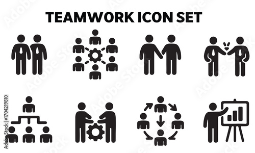 Black silhouette shows eight teamwork icon variations on a white background with clean lines