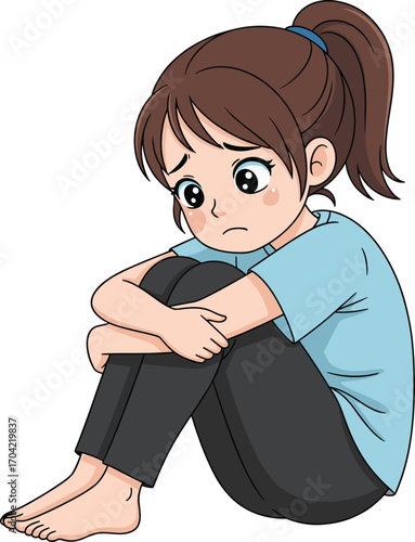 Sad girl sitting on ground hugging knees, emotional stress, depression concept, mental health awareness, flat design, vector art, CAD drawing illustration