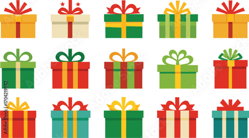 Christmas gifts set, New Year presents, gift boxes with ribbons, vector illustration on transparent background