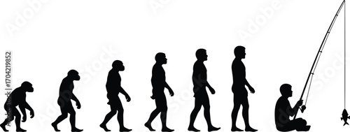 Evolution of man from primates to modern humans ending in peaceful fishing, symbolizing progress, leisure, and harmony with nature, silhouette vector illustration
