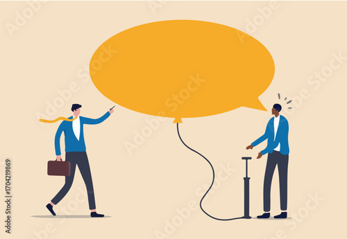 Inequality and injustice or racist and unequal for people of color or black people concept, African American black working man inflating message bubble but white man using needle to pop burst it.