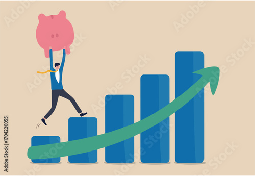 Growth stock, prosperity economic or growth return in savings and investment concept, confident businessman investor hold wealthy pink piggy bank walking up rising green arrow stock market bar graph.