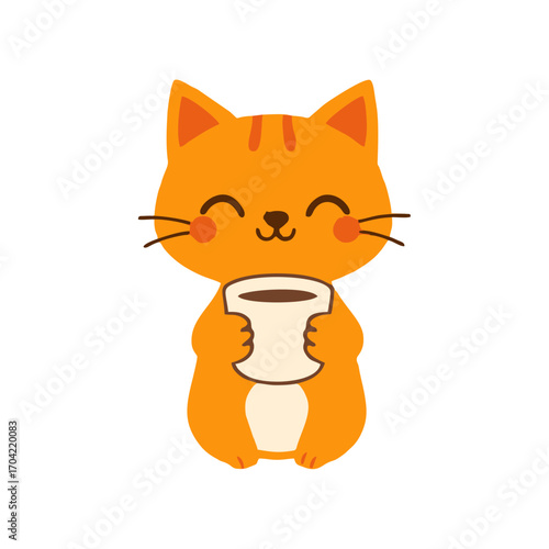 Adorable Cartoon Cat Holding a Coffee Mug Vector Design Perfect for Cafe Branding, Beverage Artwork, and Funny Animal Character Style