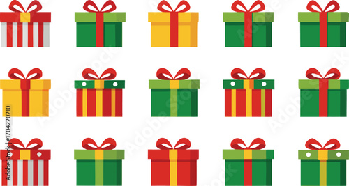 Christmas gifts set, New Year presents, gift boxes with ribbons, vector illustration on transparent background