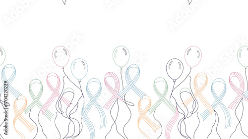 Illustration of balloons and ribbons in pastel colors on a white background in a repeating pattern design