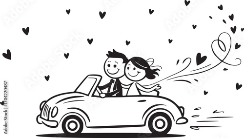 Wedding Drive: A joyous newlywed couple embarks on their honeymoon, filled with love and hearts, in a classic convertible, signifying the start of a beautiful journey together. 