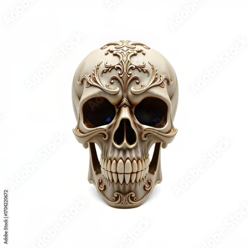 Gothic style halloween skull isolated on white with sharp carved ornaments