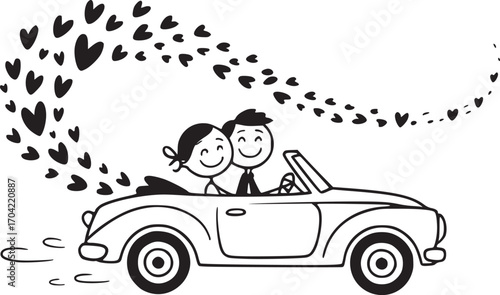 Love on Wheels: A charming illustration captures a couple joyfully cruising in a convertible, with a trail of hearts emanating behind them, symbolizing love's journey. 