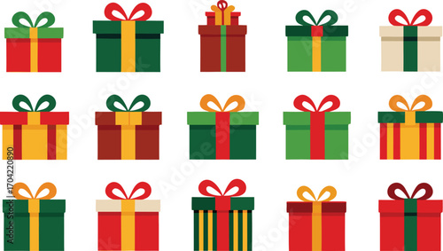 Christmas gifts set, New Year presents, gift boxes with ribbons, vector illustration on transparent background