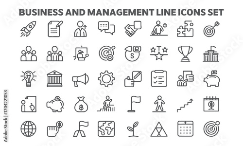 Outline icons showcase business management concept, presented with transparent background for easy integration to designs