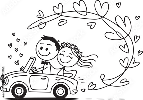 Love on Wheels: A whimsical illustration depicts a joyful newlywed couple, embarking on their happily-ever-after journey, with hearts. The simple yet charming line art and expressive style.