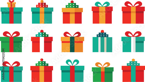 Christmas gifts set, New Year presents, gift boxes with ribbons, vector illustration on transparent background