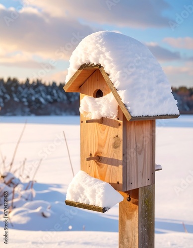 Wooden birdhouse, snow-covered, winter landscape