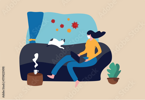Work from home in COVID-19 virus outbreak, social distancing company allow employee work at home to prevent virus infection, young woman working on sofa with cat look outside to see virus pathogens. 