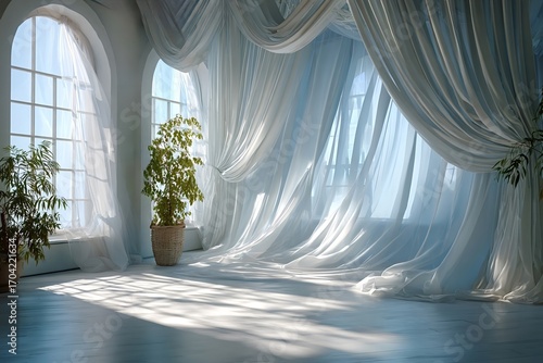 Sunlight streaming through large arched windows illuminates white transparent curtains billowing in a gentle breeze, creating a serene atmosphere in a spacious room with potted plants