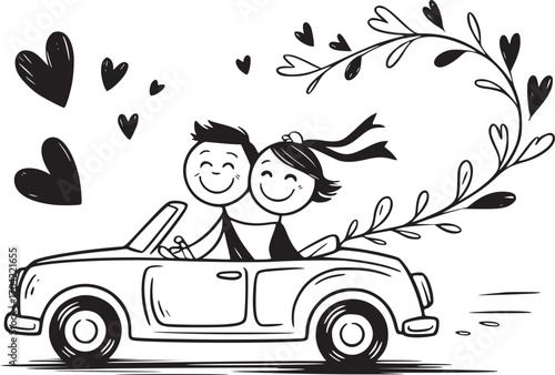 Love on Wheels: A heartwarming illustration depicting a stick figure couple joyfully cruising in a vintage convertible, their shared happiness surrounded by floating hearts and leafy flourishes.