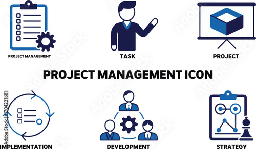 Project task icon showing strategy, implementation, development, and project planning stages on white