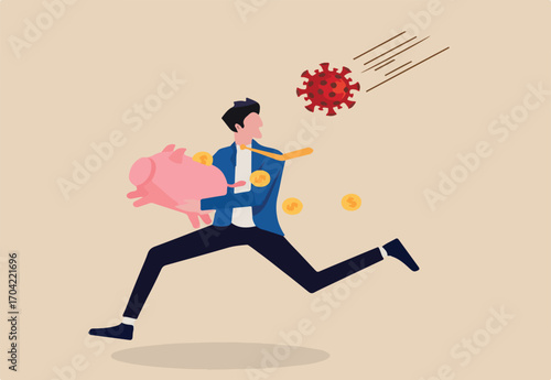 Stock market panic sell from novel corona virus, risk off or investor sell all their assets concept, businessman holding piggy bank with dollar coins running away from COVID-19 Coronavirus pathogen.