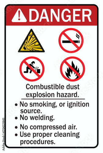 Combustible dust warning sign and labels explosion hazard. No smoking, no welding, no compressed air, use proper cleaning procedure.